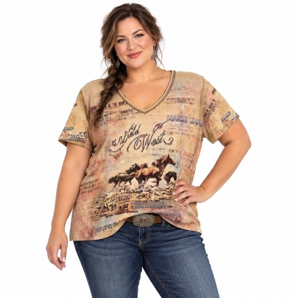 Wild West Horse Graphic Tee 1X Rhinestone Cowgirl Western Rodeo All Over Print